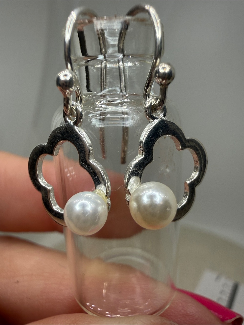 Silver Pearl Drop Clover Hoop Earrings - Women Jewelry